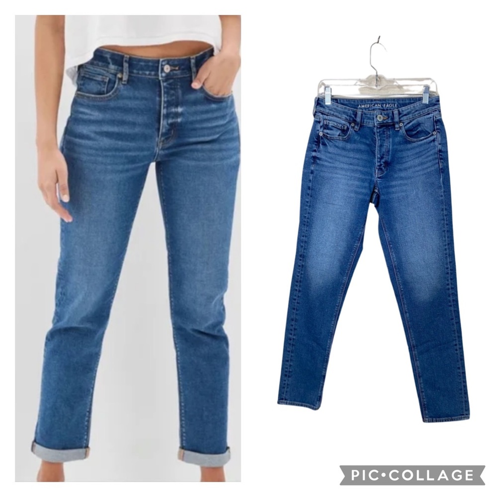 American Eagle Tomgirl Medium Wash Button Tab Straight Leg Jeans Size 28” - Picture 3 of 15